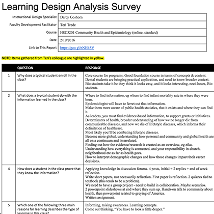 Learning Design Analysis Survey sample page
