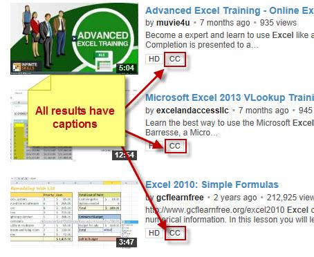 Pay attention to the CC icon in Youtube search results.